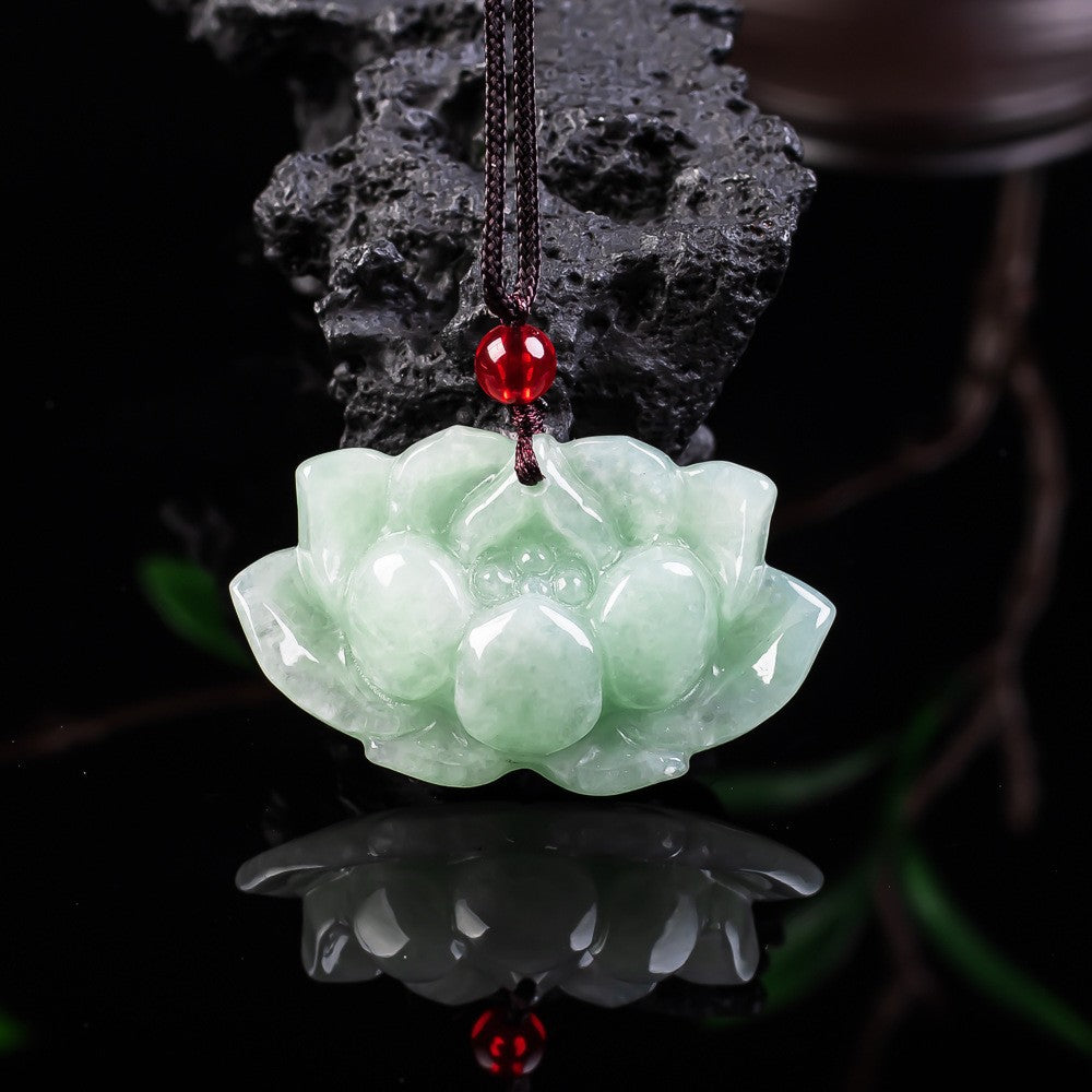 Certified jadeite lotus necklace close-up showing polish and translucency