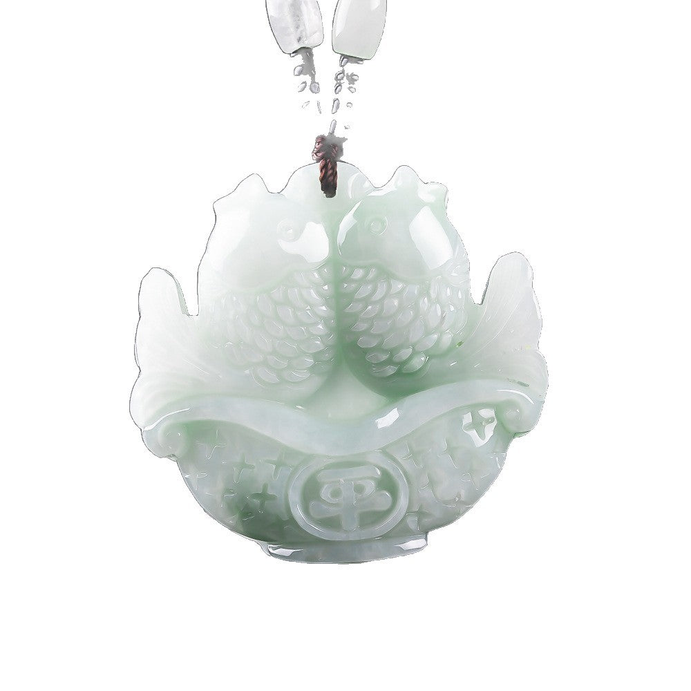 Certified natural Grade A icy white green jadeite twin fish pendant front view