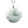 Certified natural Grade A icy white green jadeite twin fish pendant front view