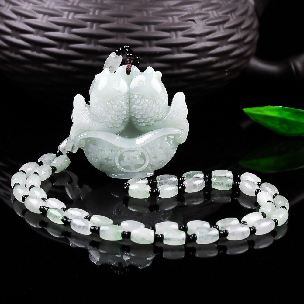 Natural Grade A jadeite double fish carving polished detail