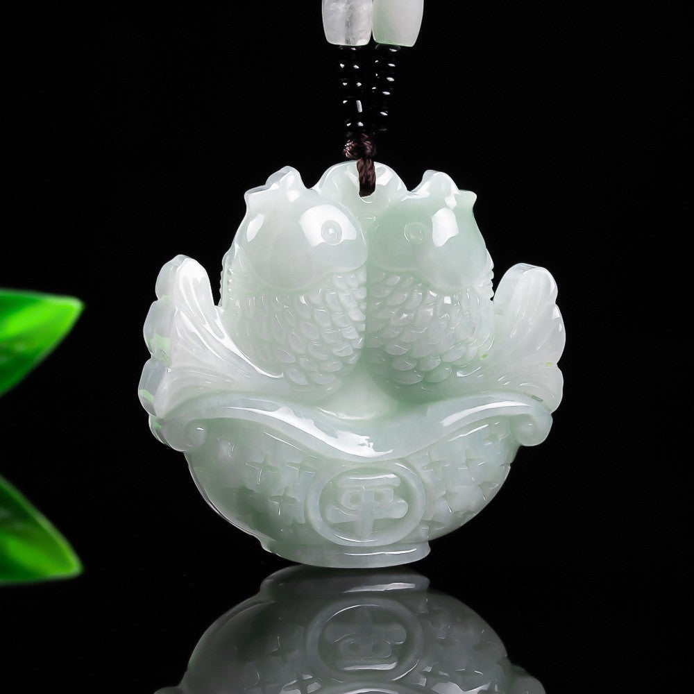 Icy pale green jadeite twin fish pendant with bead necklace