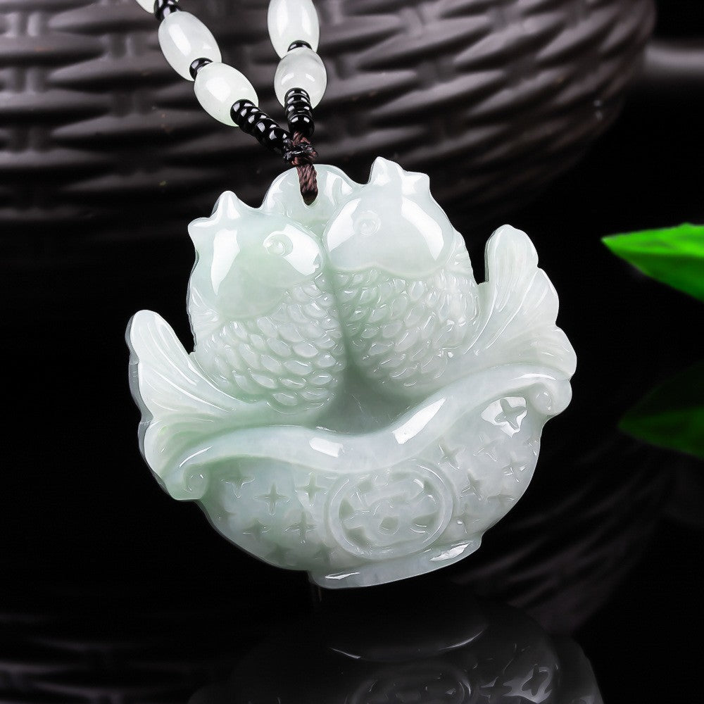 Certified jadeite twin fish double-sided pendant side and relief detail