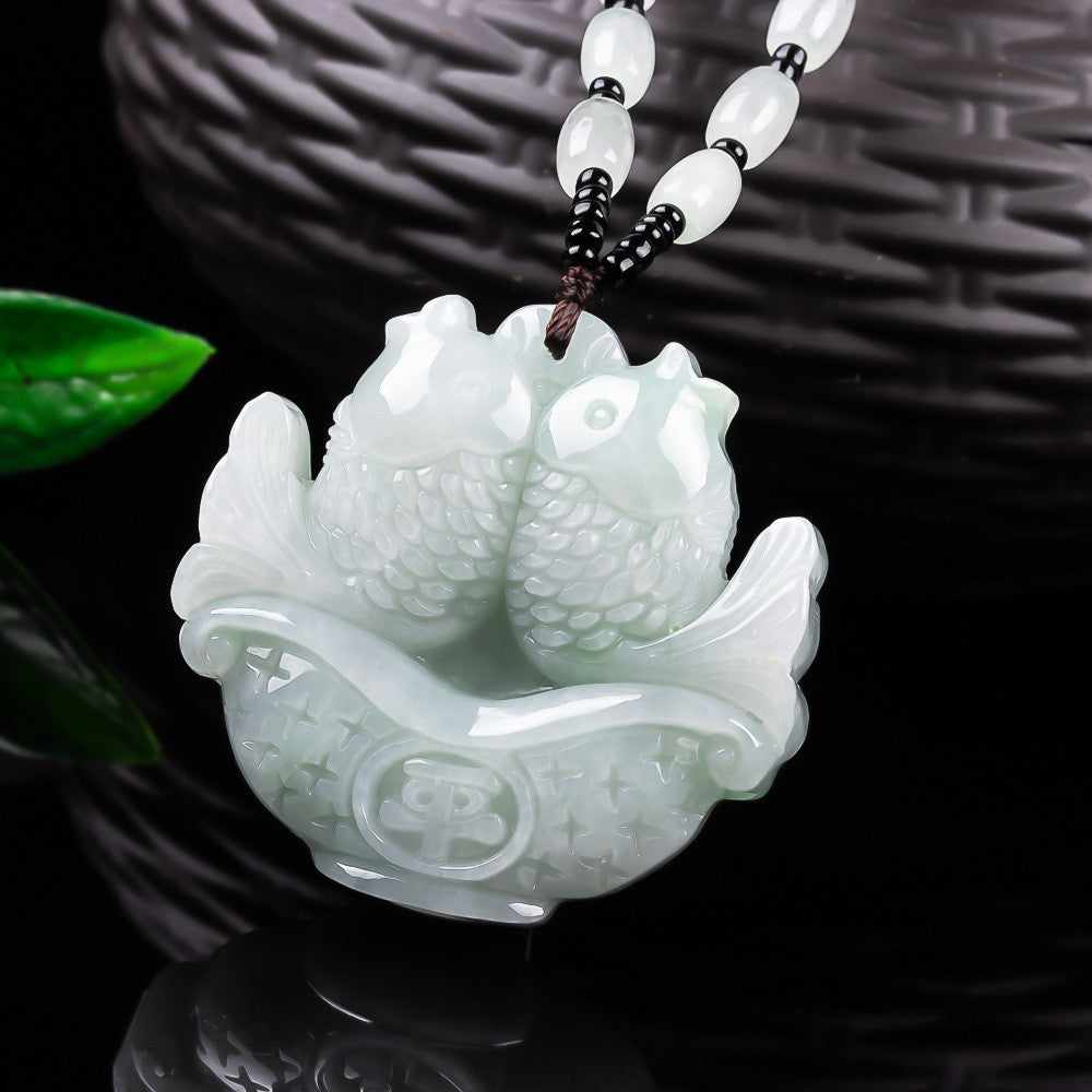 50.9 mm thick carved jadeite twin fish pendant product view