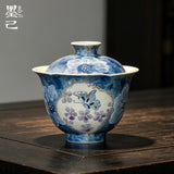 Ink-Blue Hand-Painted Butterfly Floral Flower-Rim Ceramic Gongfu Gaiwan - 120ml