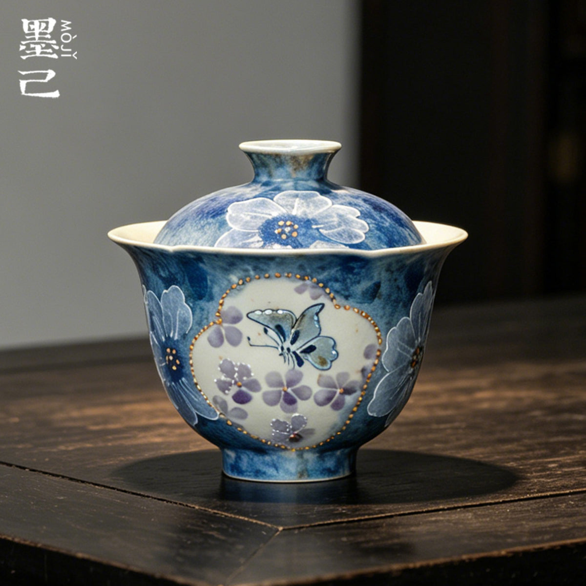 Ink-blue hand-painted butterfly floral ceramic Gongfu gaiwan with flower-rim form - 120ml