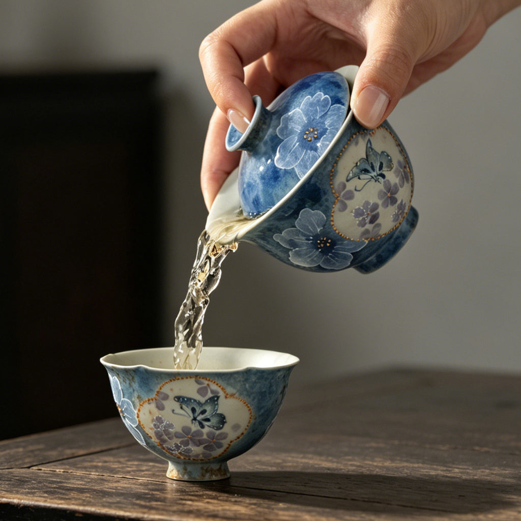 Ink-blue ceramic flower-rim gaiwan with butterfly and floral hand-painted detailing