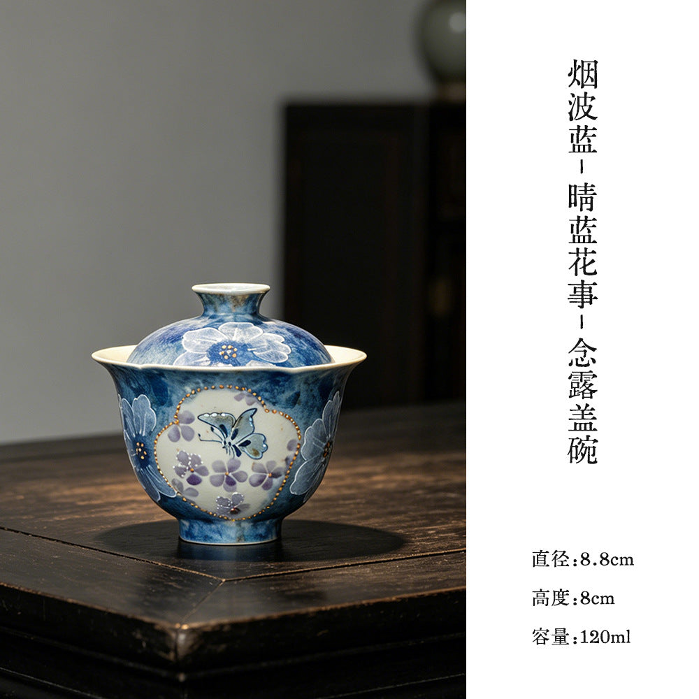 Ink-blue butterfly floral gaiwan dimensions 8.8cm diameter, 8cm high, 120ml capacity