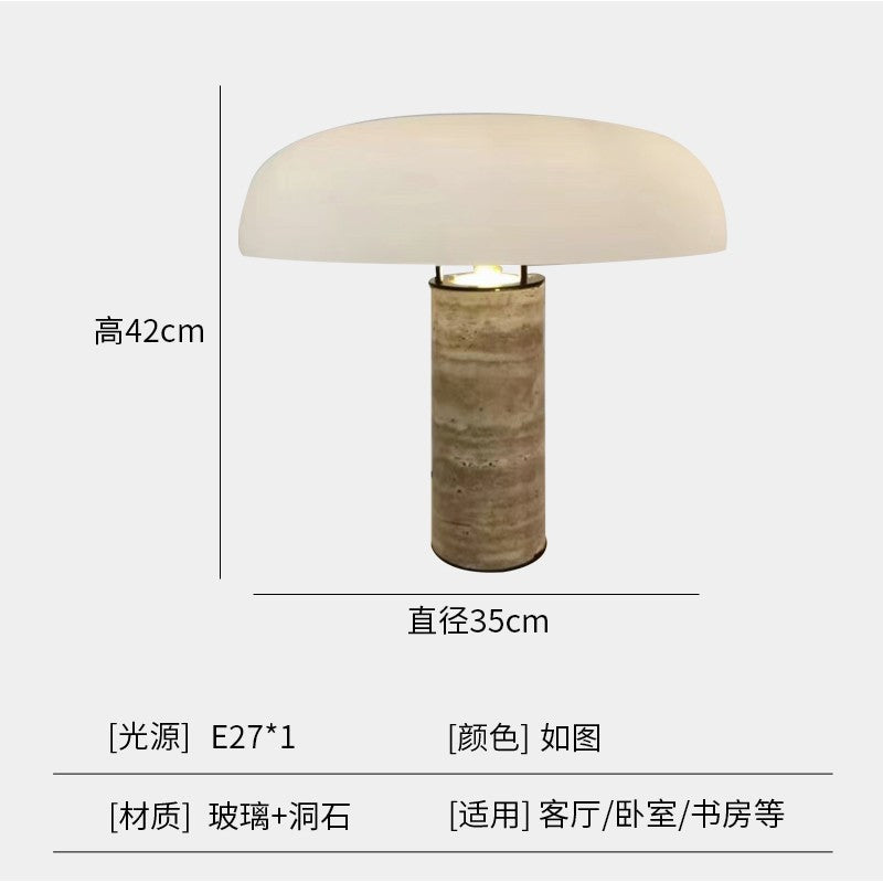 Ivory glass dome and travertine table lamp dimensions 35cm wide by 42cm high