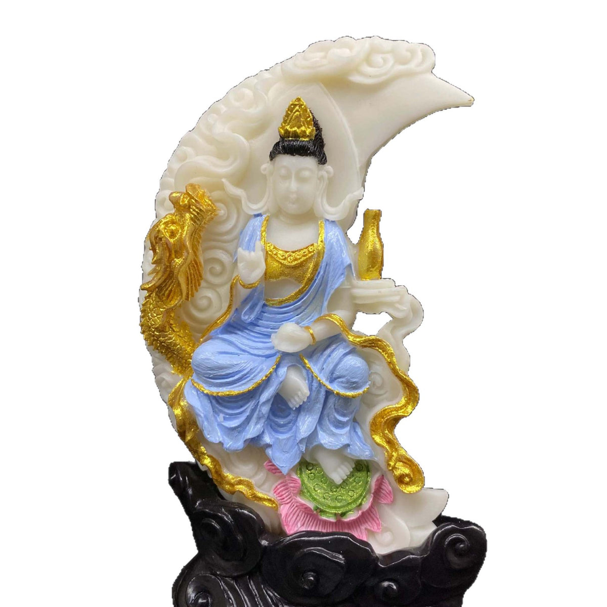 Ivory nut crescent dragon Guanyin statue on white background with painted blue, gold, pink and green accents