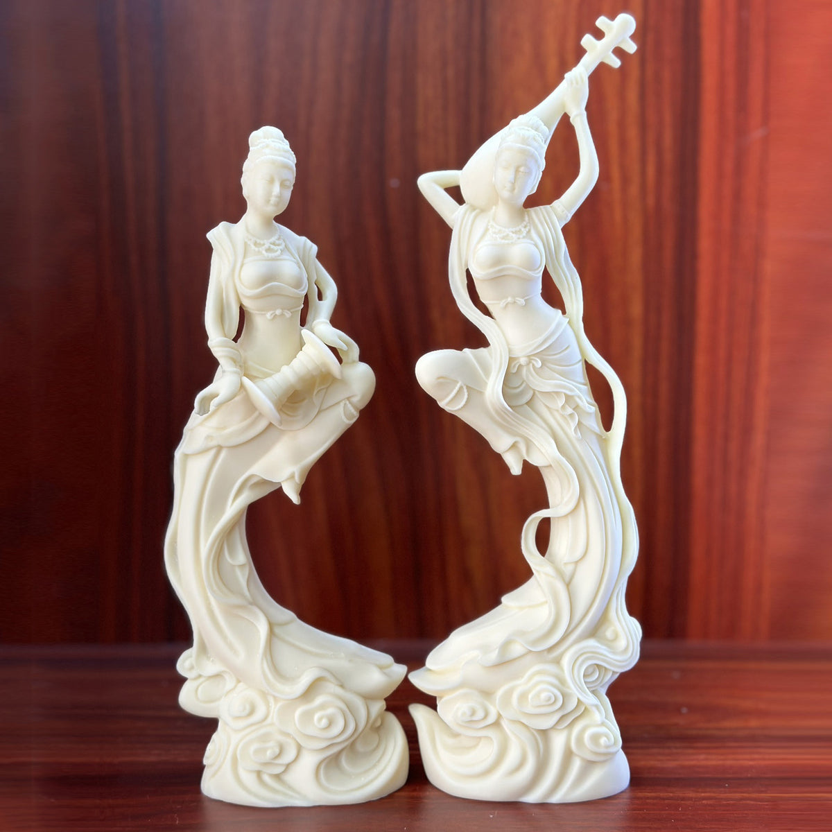 Natural ivory nut Dunhuang flying apsara musician pair with pipa and drum on cloud bases