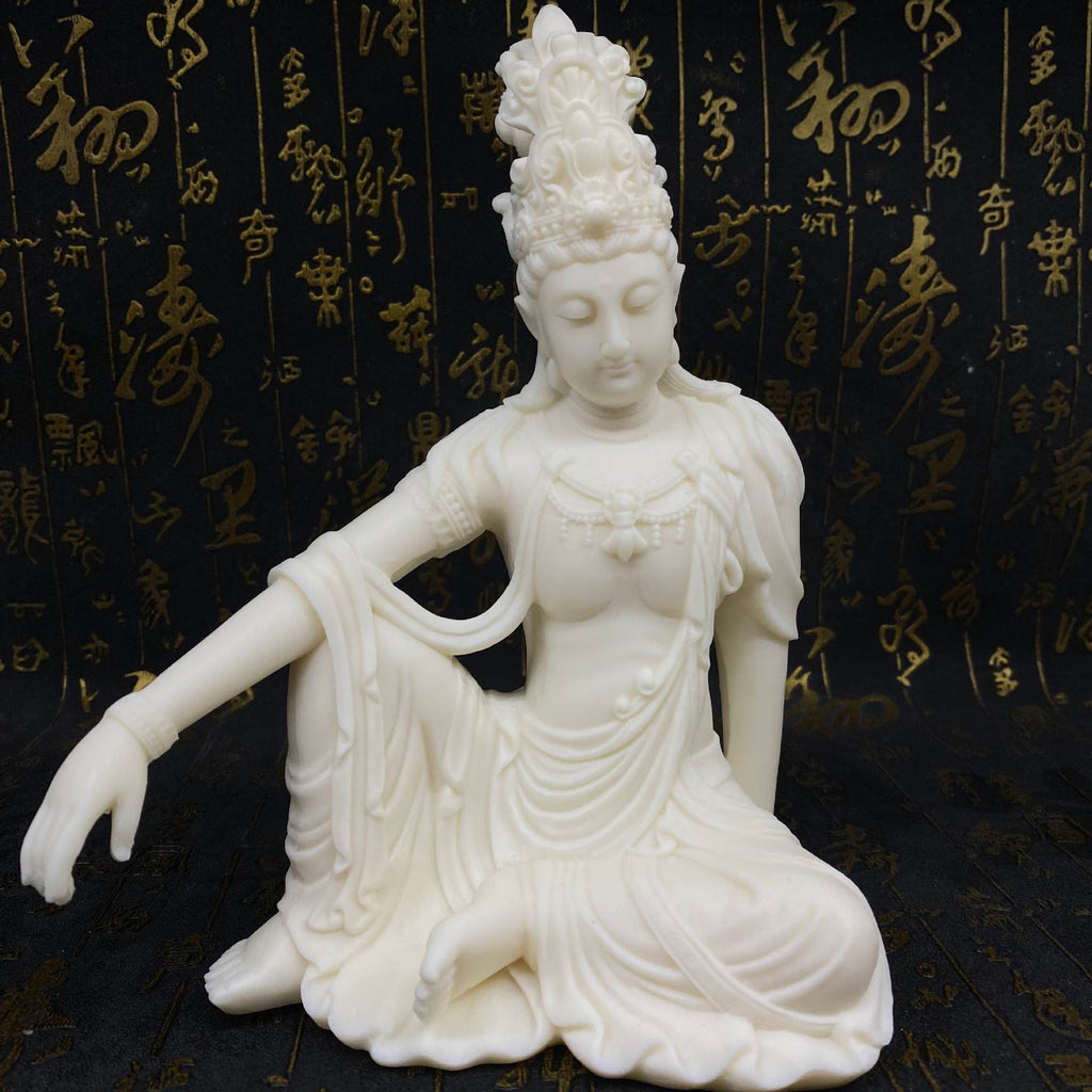 Natural ivory nut Guanyin seated statue in plain white finish, large size approximately 20cm