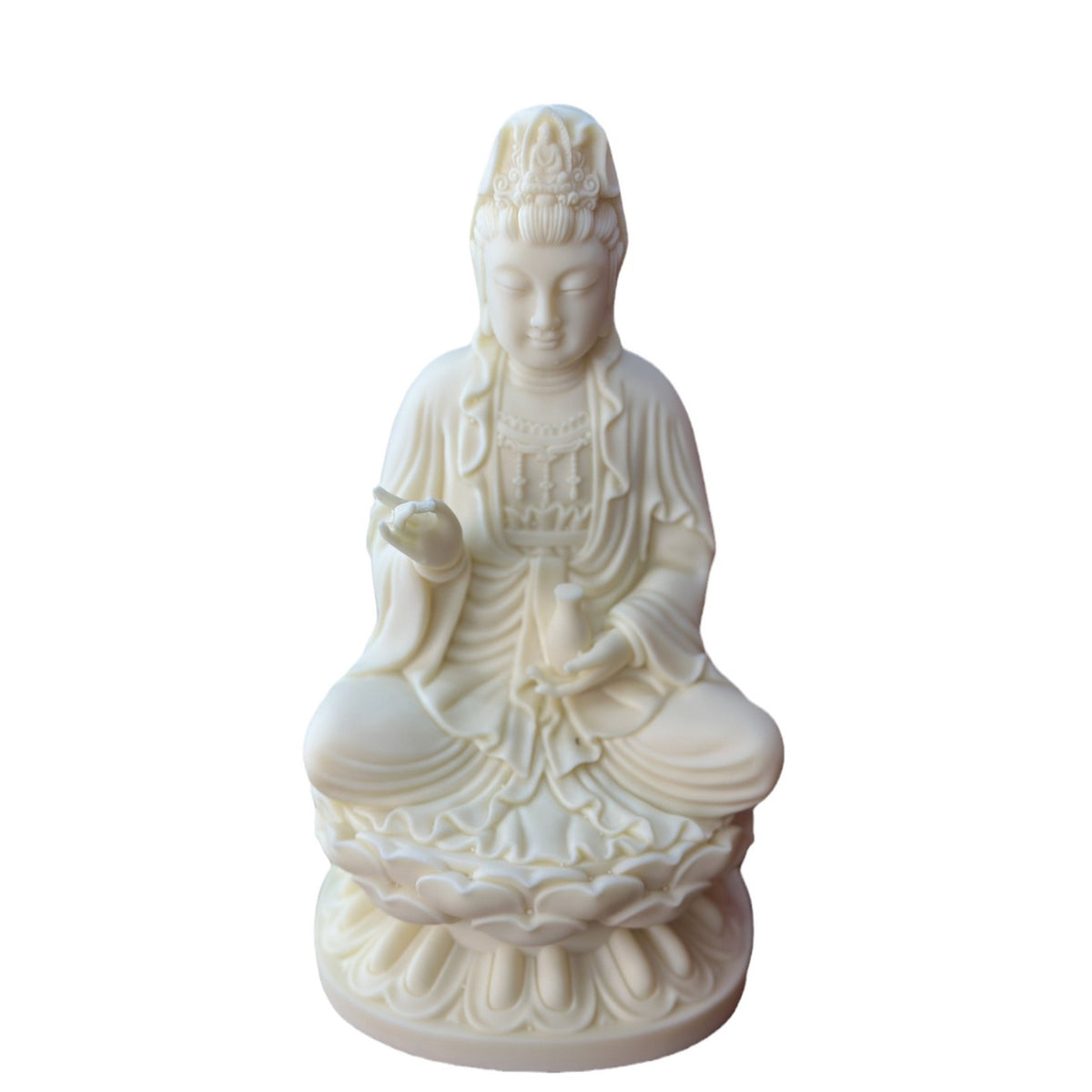 Natural ivory nut Jingping Guanyin decorative statue on white background