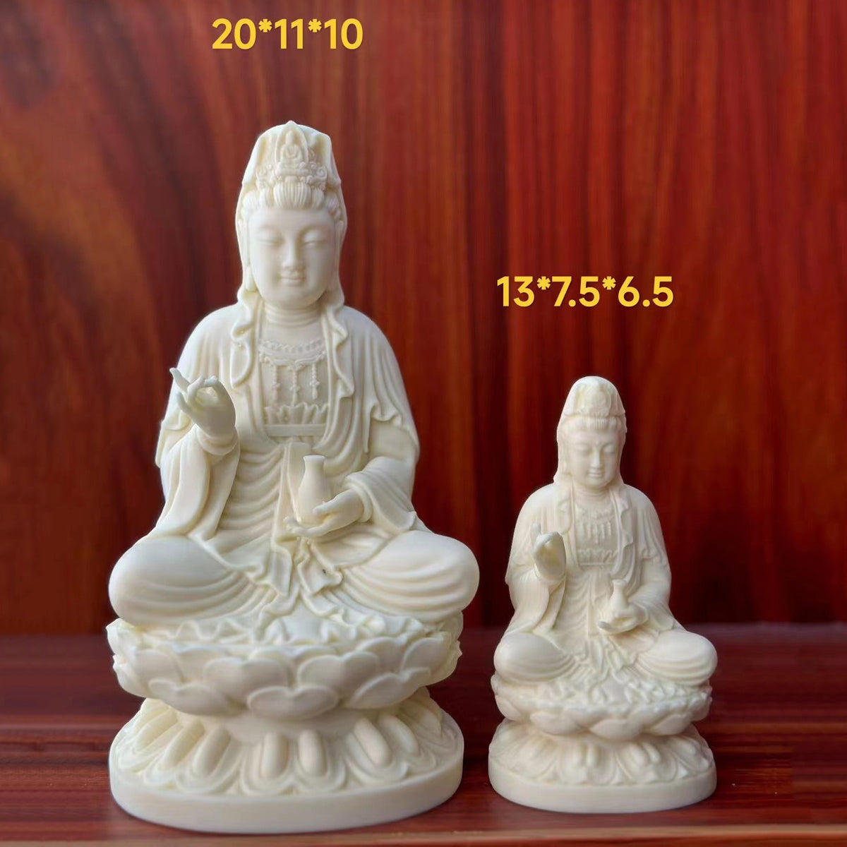 Ivory nut Jingping Guanyin size comparison showing approximately 20cm and 13cm statues