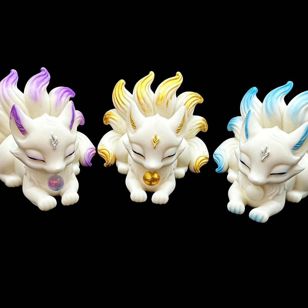Ivory nut nine-tail fox figurine collection in purple, gold and blue accent finishes