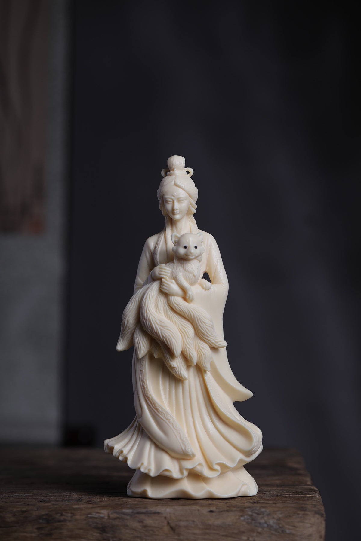 Natural vegetable ivory fox fairy maiden decorative statue with flowing robe and nine-tail fox motif