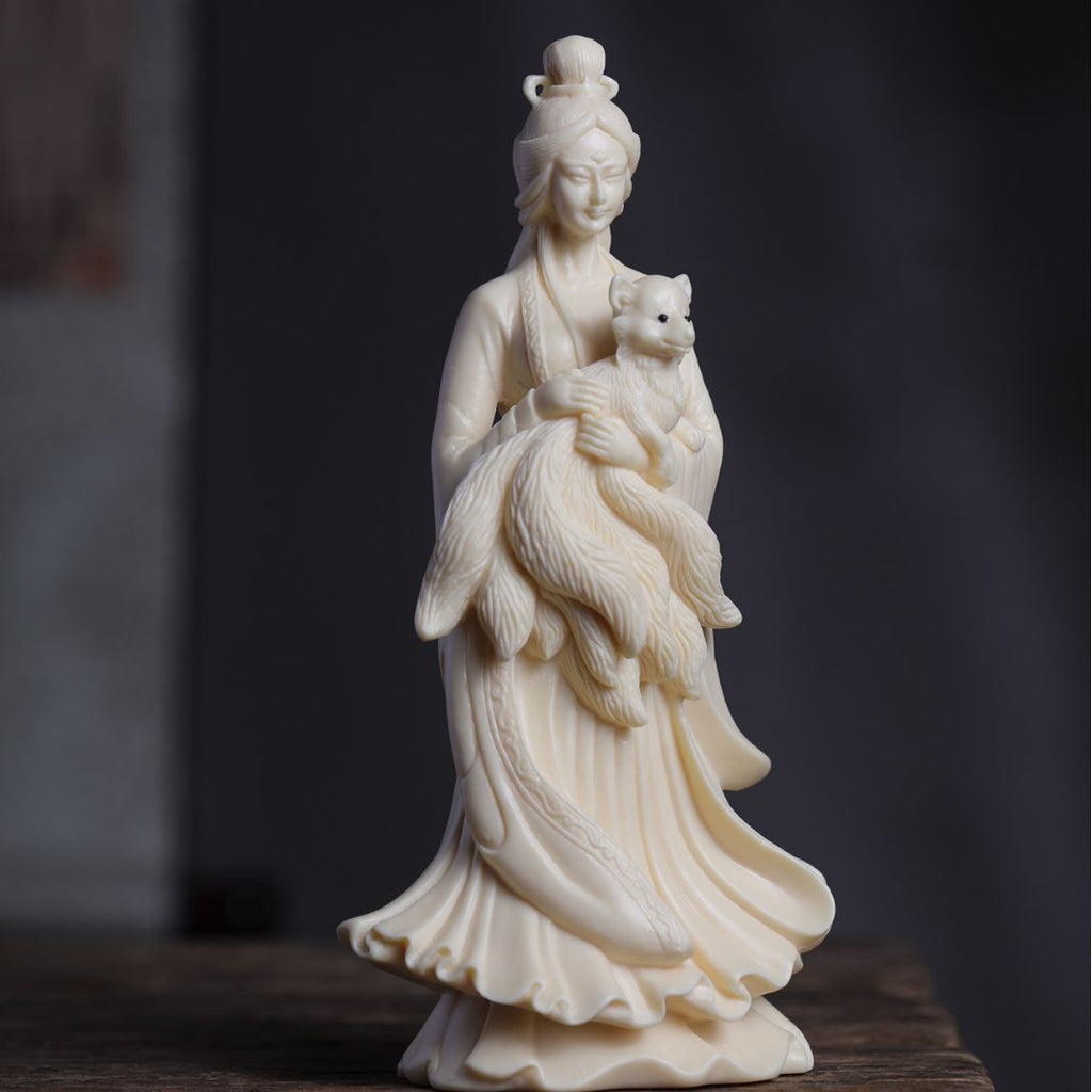 Ivory nut fox fairy maiden collectible ornament with detailed robe and fox companion