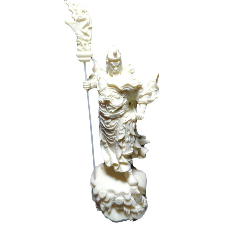 Standing Guan Yu ivory nut decorative statue with long guandao and layered warrior robes