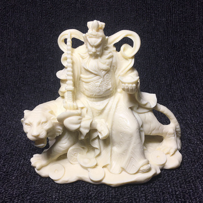 Vegetable ivory Zhao Gongming martial Wealth God figurine with tiger and coins, side view