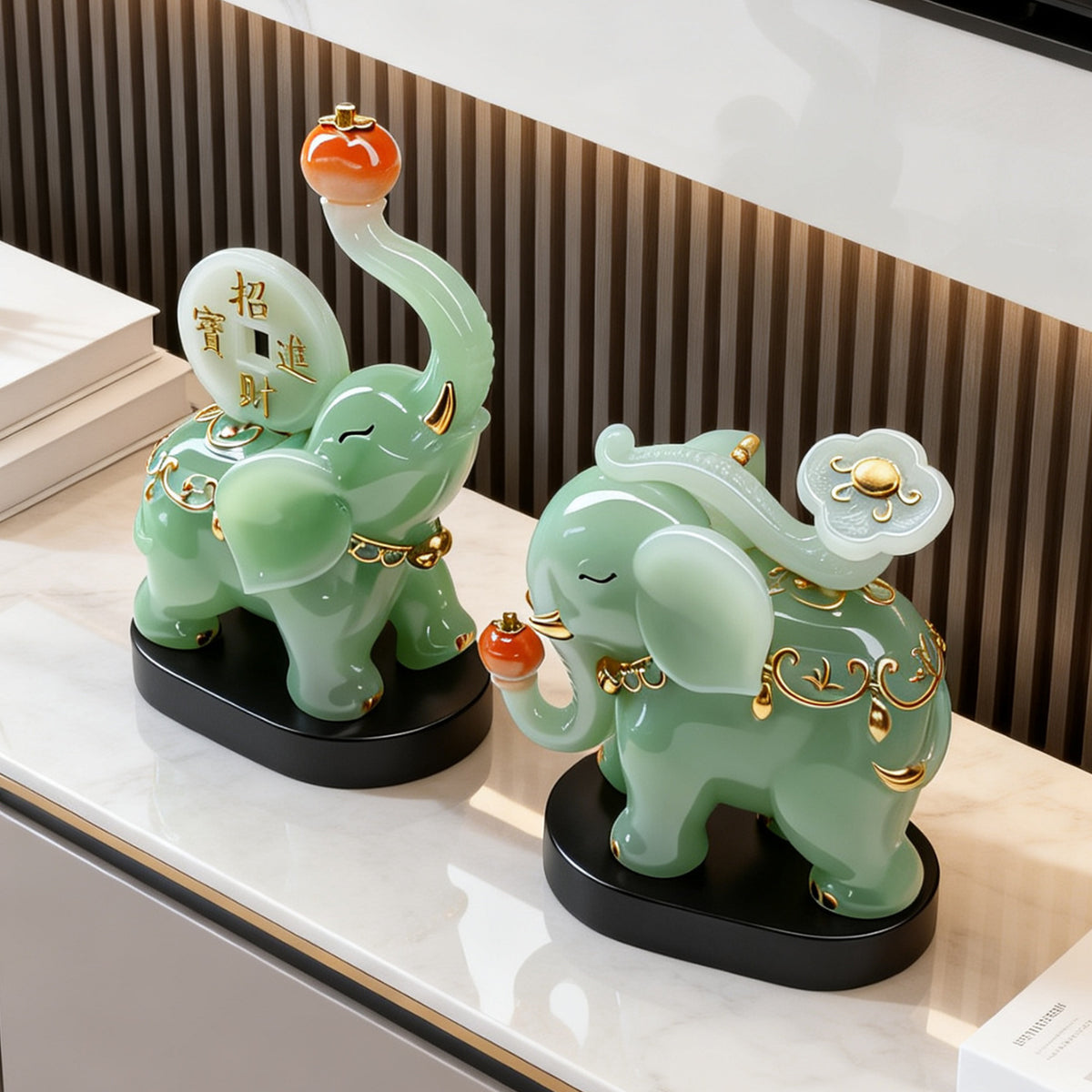 Jade-green auspicious elephant pair 2
