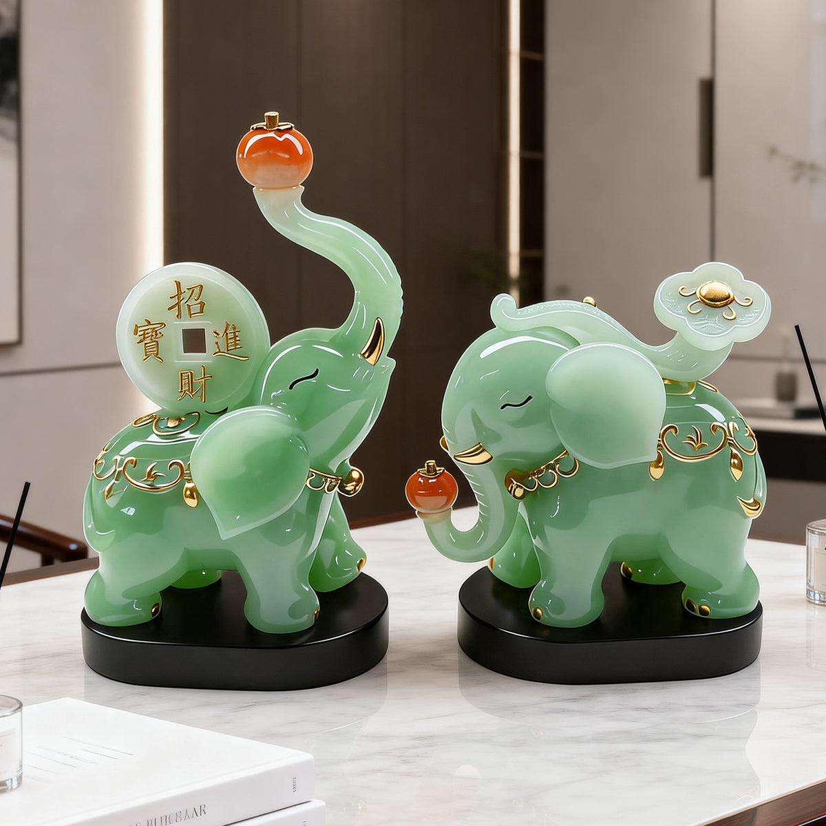 Jade-green auspicious elephant pair 3