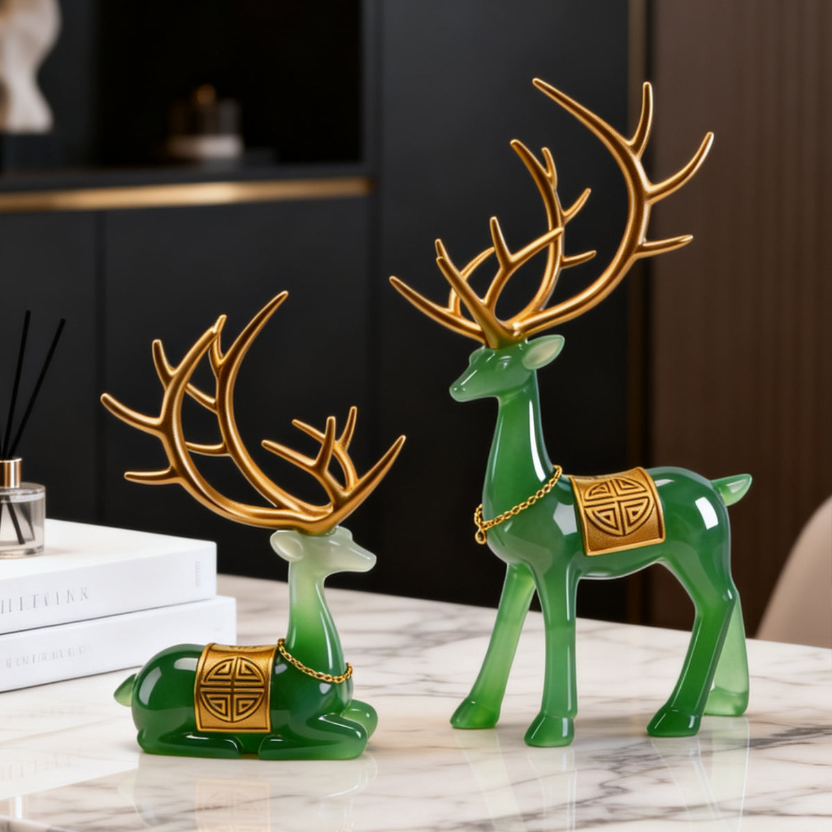 Jade green auspicious deer pair New Chinese decor 1