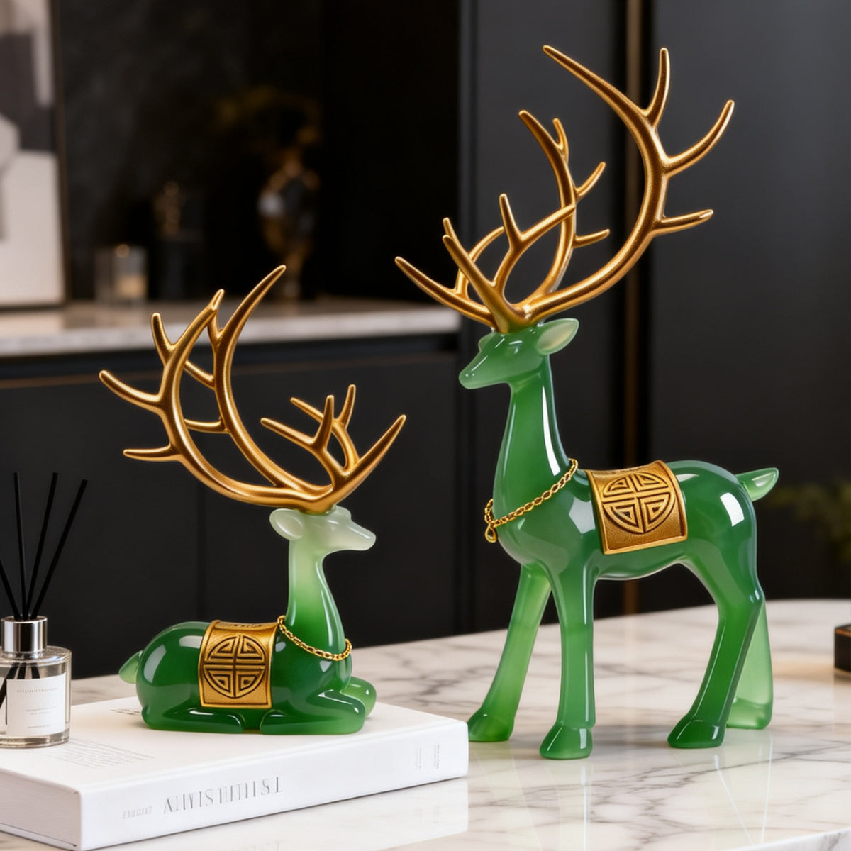 Jade green auspicious deer pair New Chinese decor 2