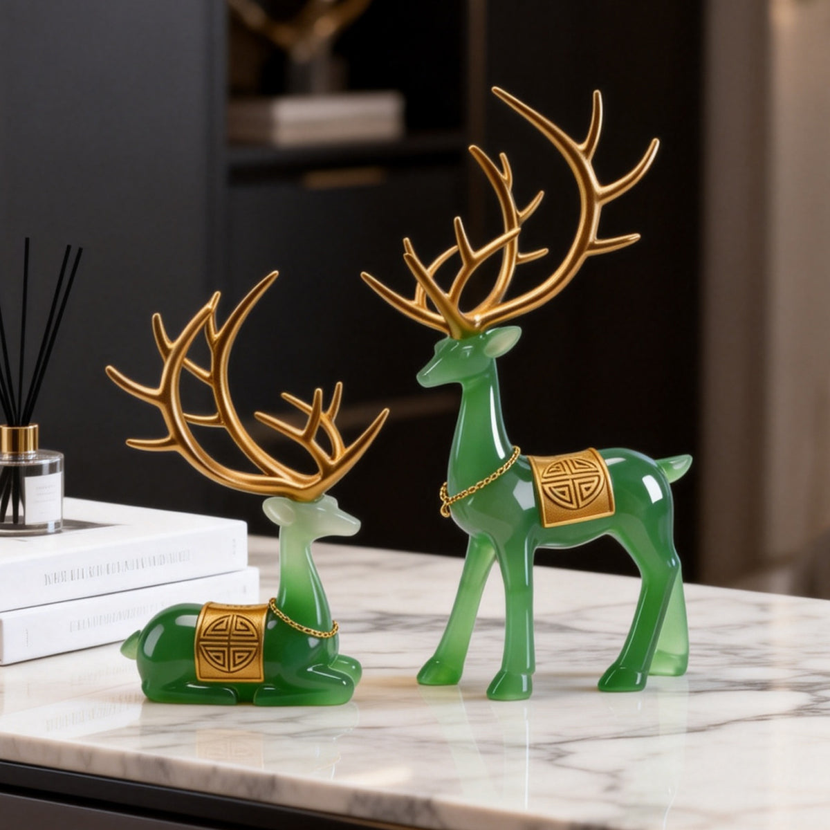 Jade green auspicious deer pair New Chinese decor 3