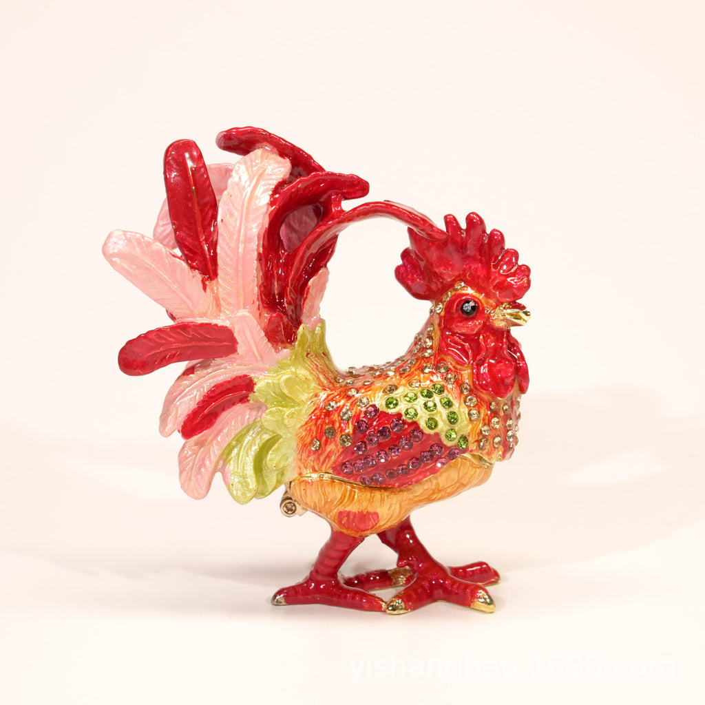 Hand painted enamel rooster figurine in red and gold