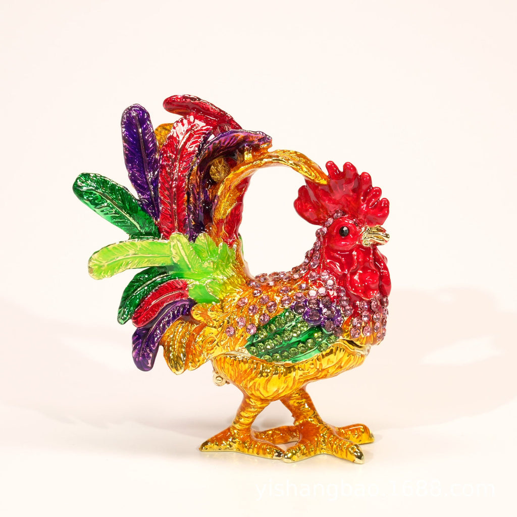 Jeweled enamel rooster ornament detail, finish and color variation
