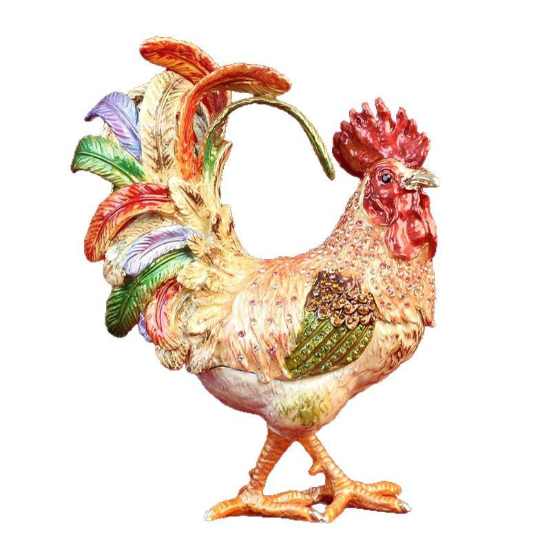 Jeweled enamel rooster ornament detail, finish and color variation