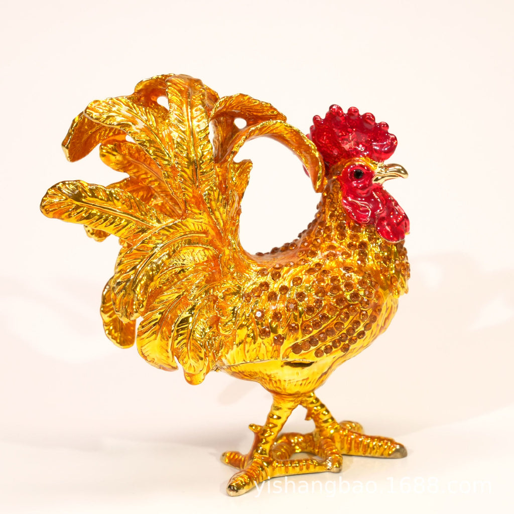 Jeweled enamel rooster ornament detail, finish and color variation