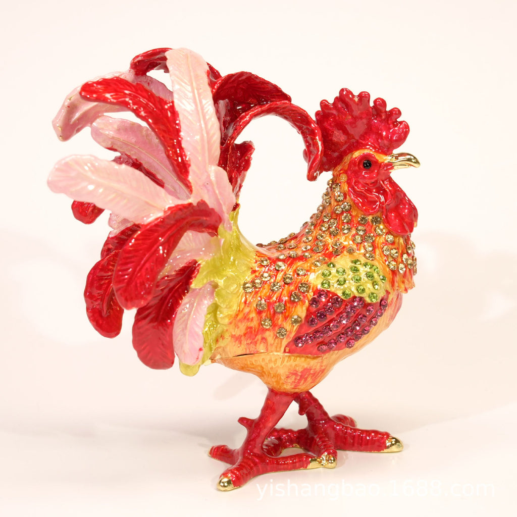 Jeweled enamel rooster ornament detail, finish and color variation