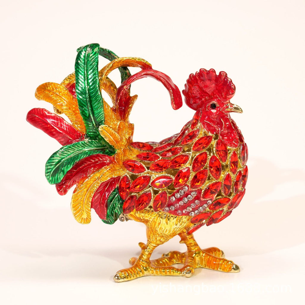Jeweled enamel rooster ornament detail, finish and color variation