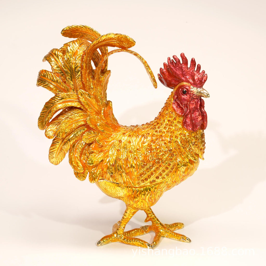 Jeweled enamel rooster ornament detail, finish and color variation