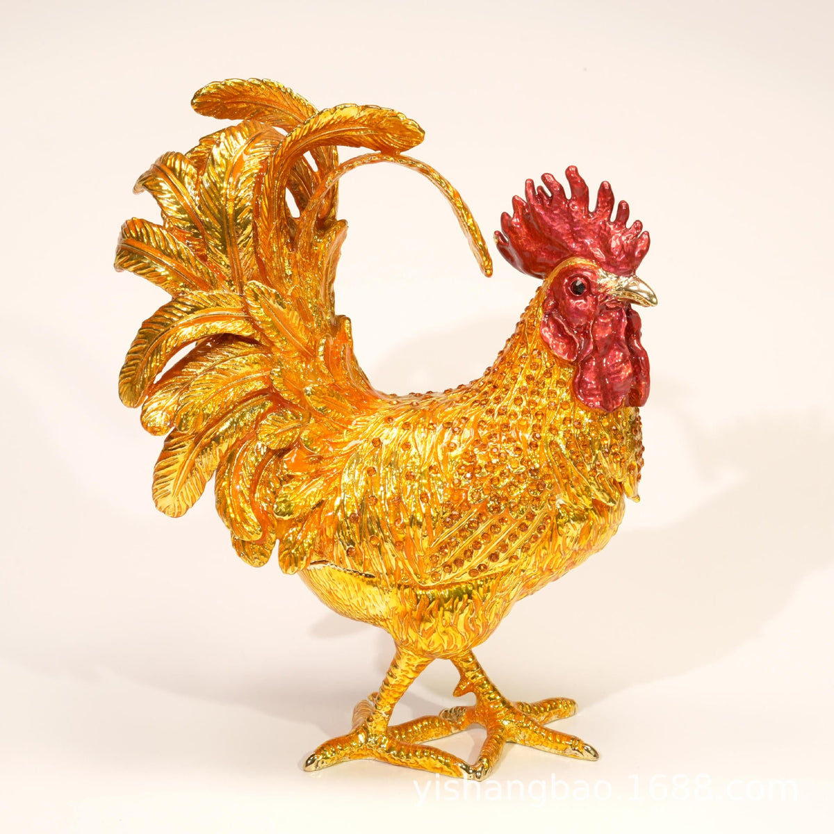 Jeweled enamel rooster ornament detail, finish and color variation