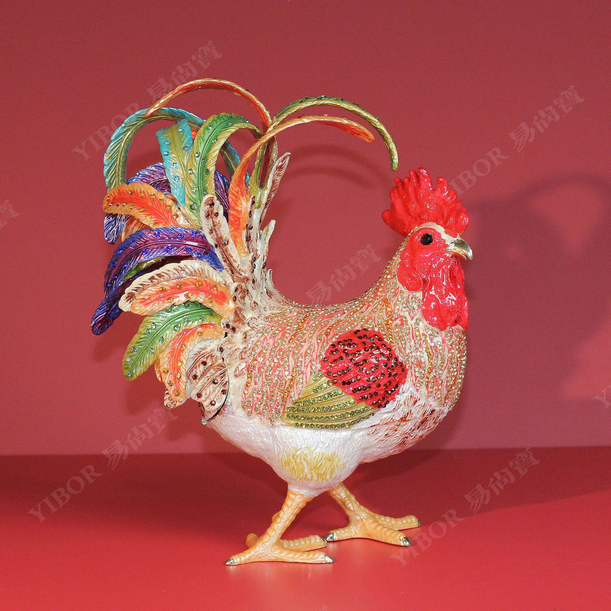 Jeweled enamel rooster ornament detail, finish and color variation