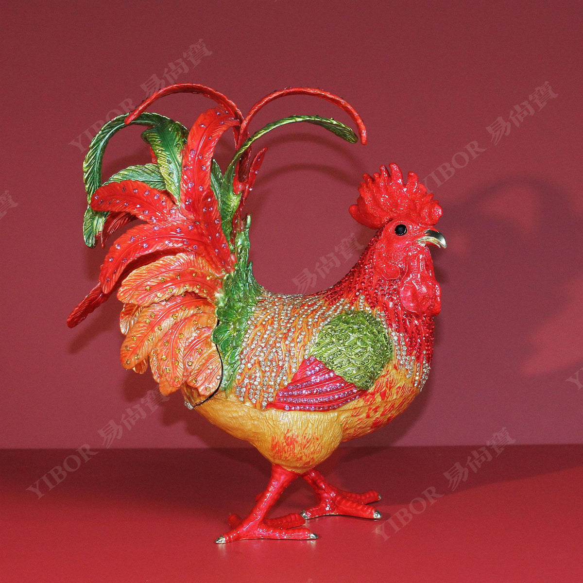 Jeweled enamel rooster ornament detail, finish and color variation