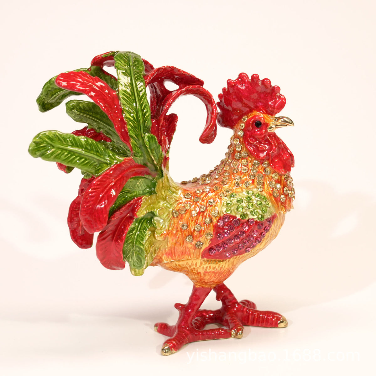 Jeweled enamel rooster ornament detail, finish and color variation