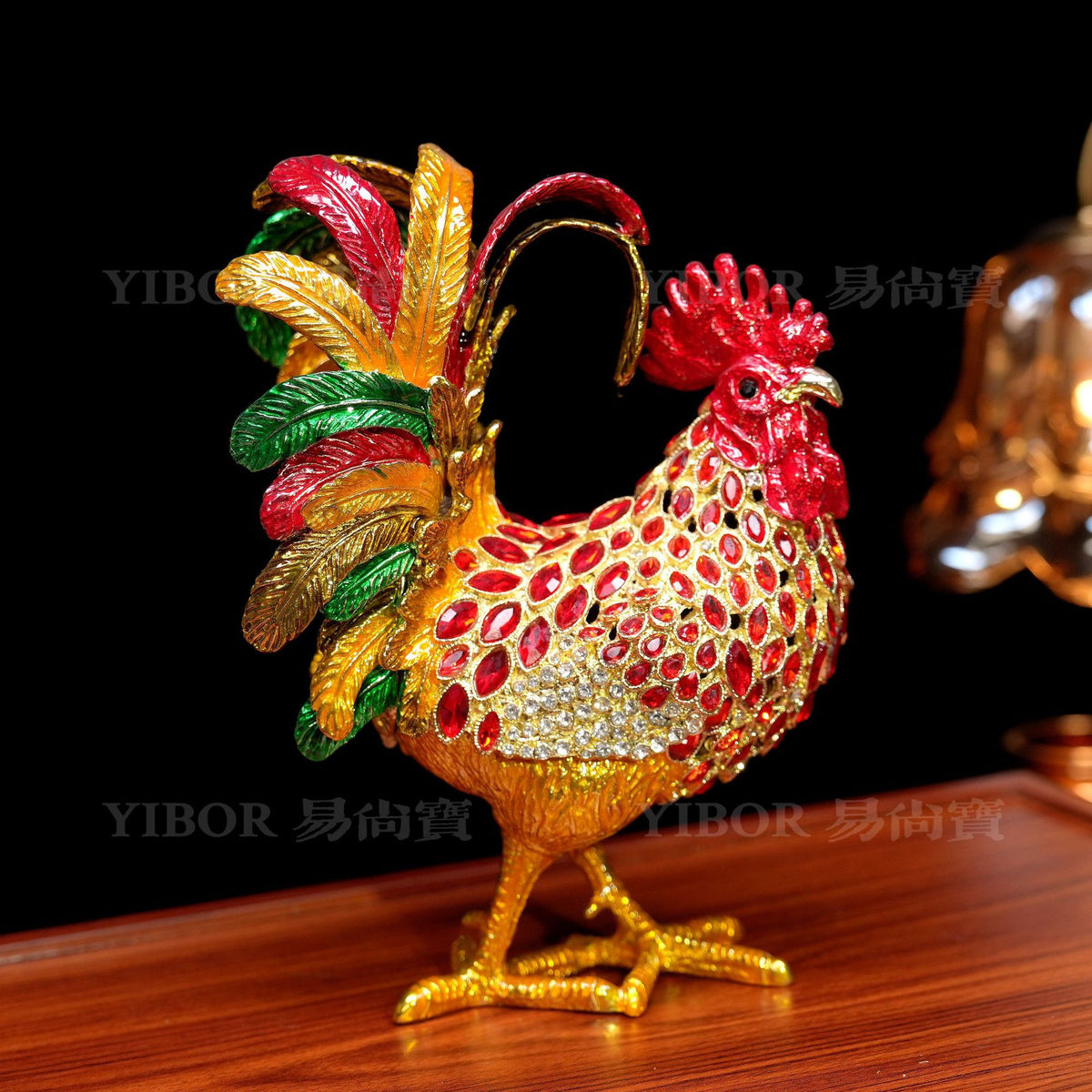 Jeweled enamel rooster ornament detail, finish and color variation