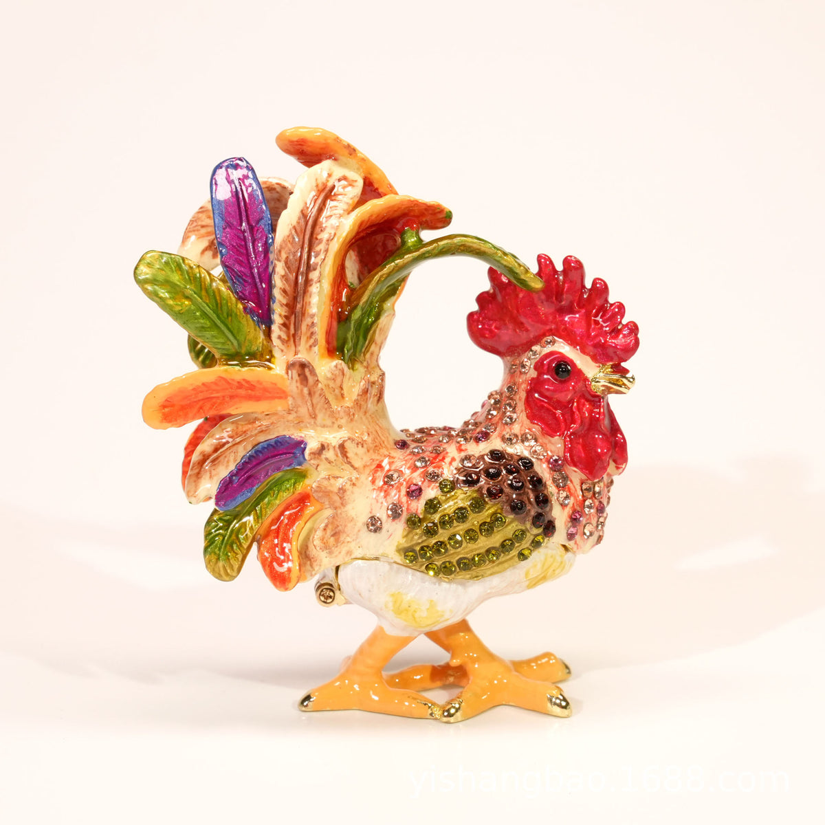 Jeweled enamel rooster ornament detail, finish and color variation