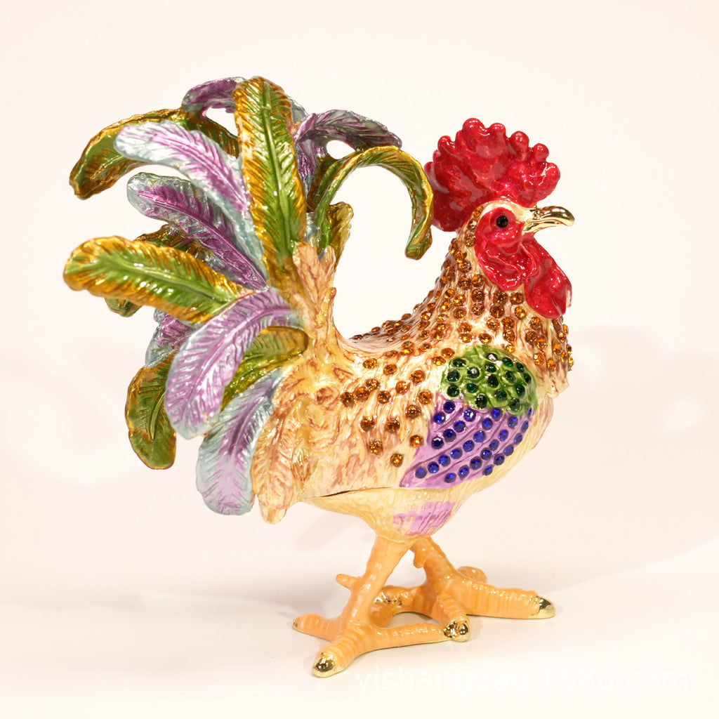 Jeweled enamel rooster ornament detail, finish and color variation
