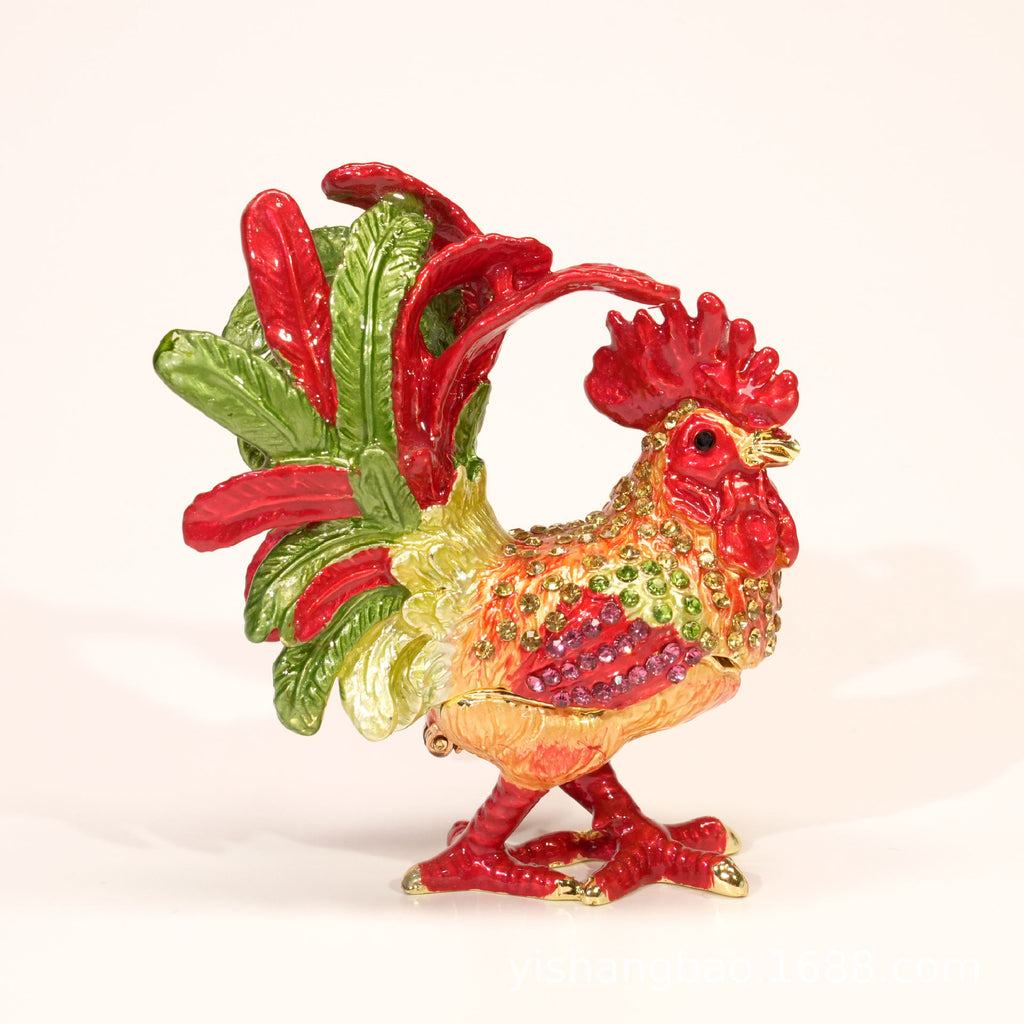 Jeweled enamel rooster ornament detail, finish and color variation