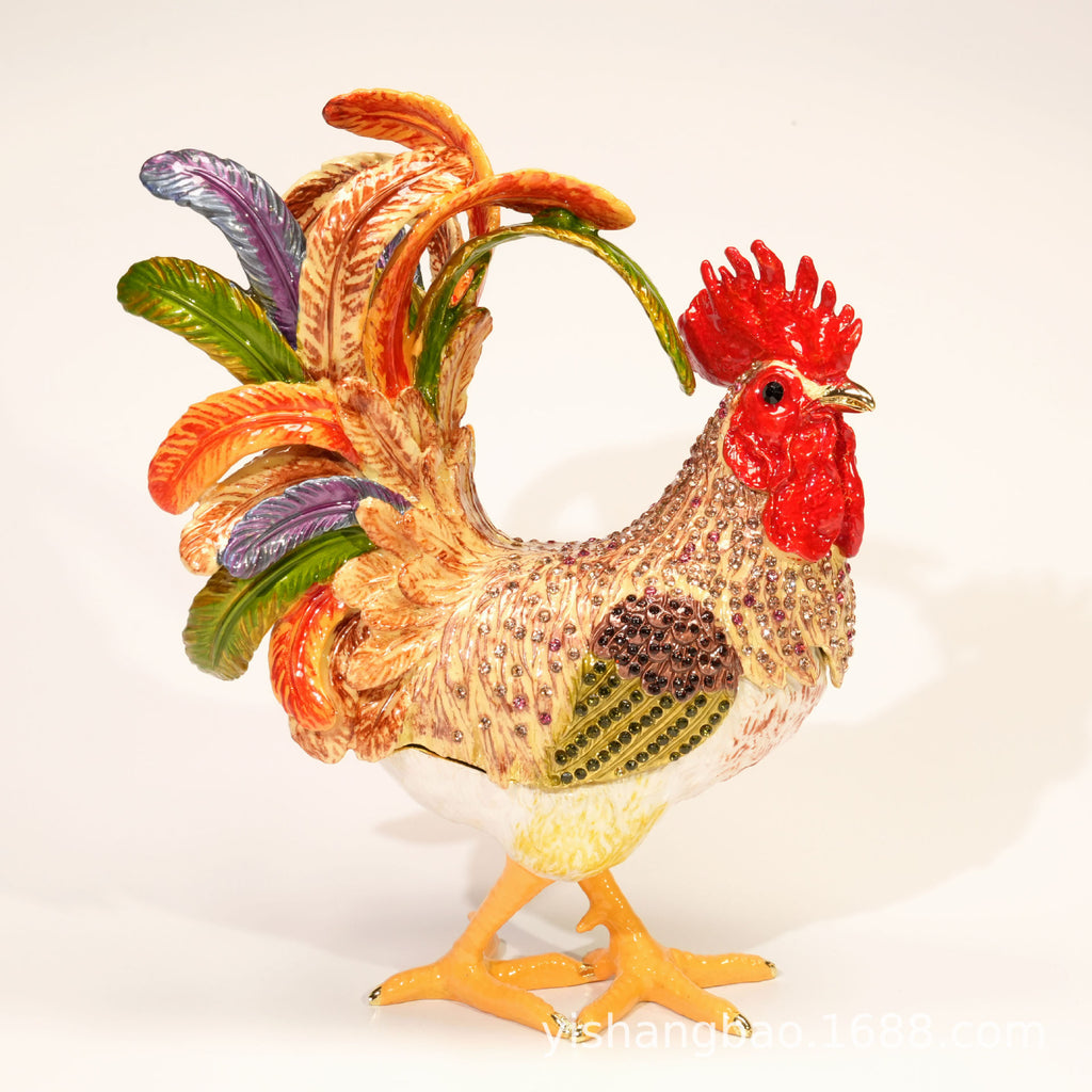 Jeweled enamel rooster ornament detail, finish and color variation