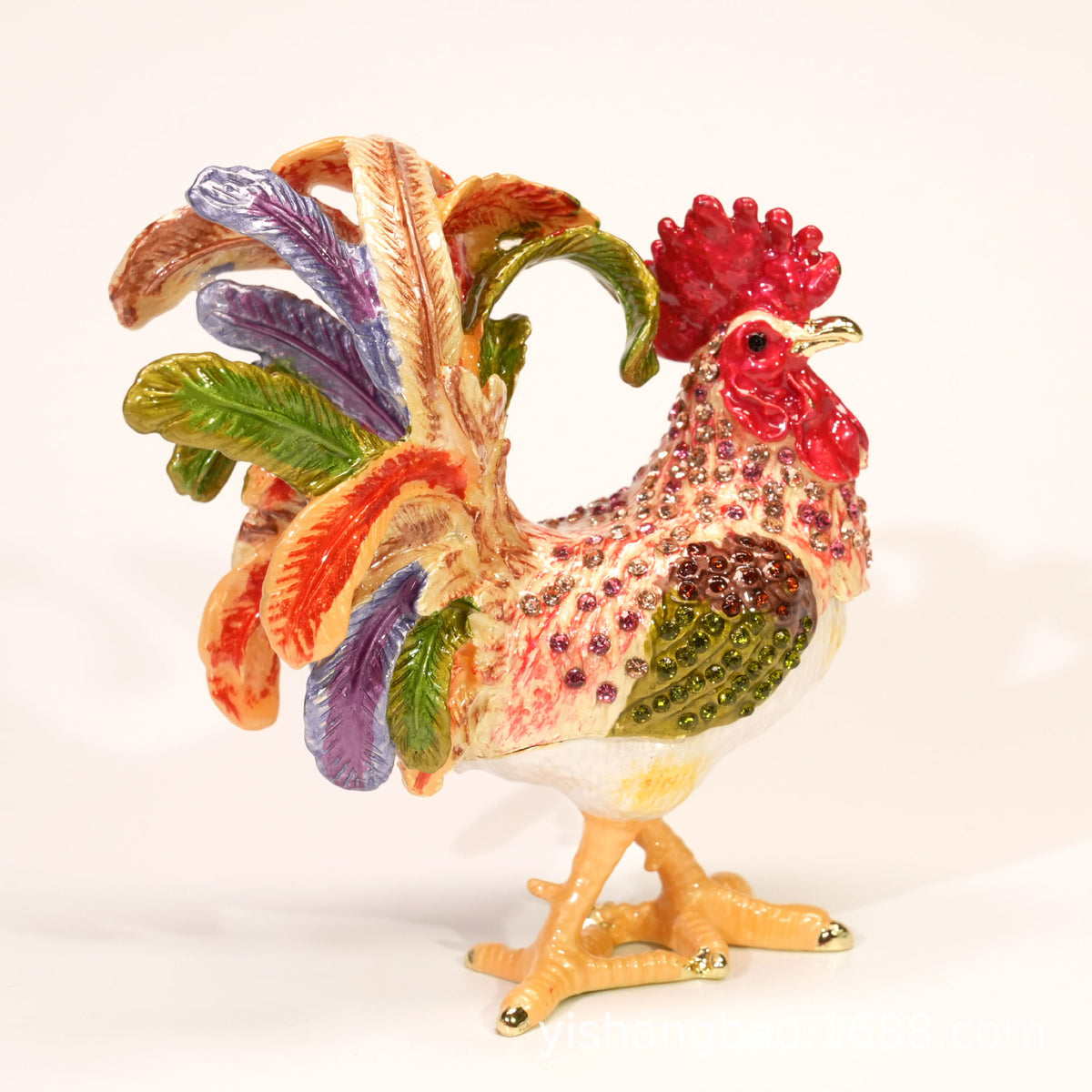 Jeweled enamel rooster ornament detail, finish and color variation
