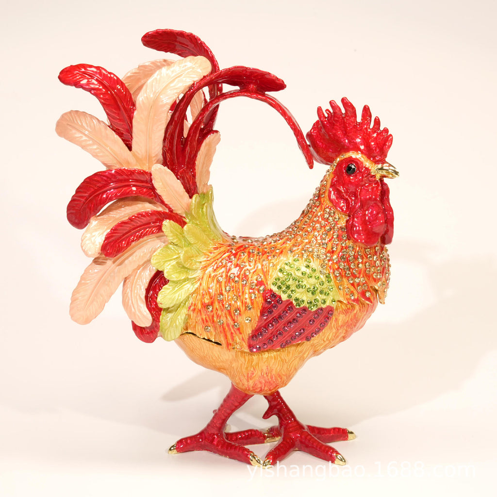 Jeweled enamel rooster ornament detail, finish and color variation