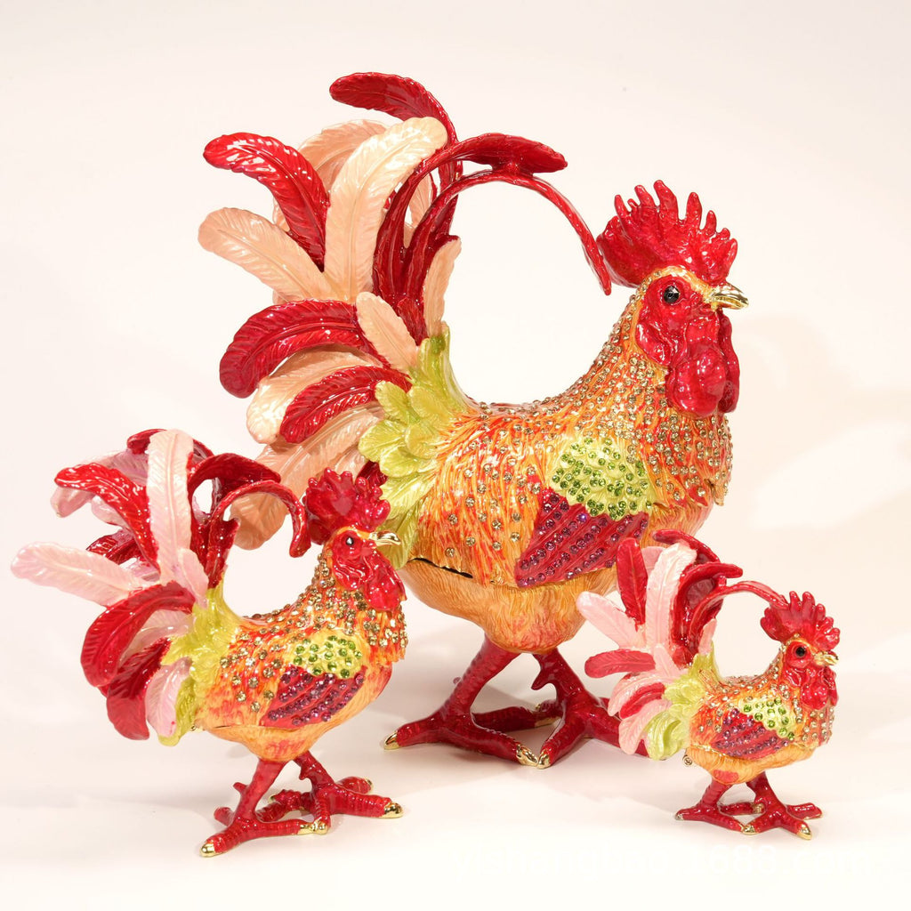 Jeweled enamel rooster ornament detail, finish and color variation