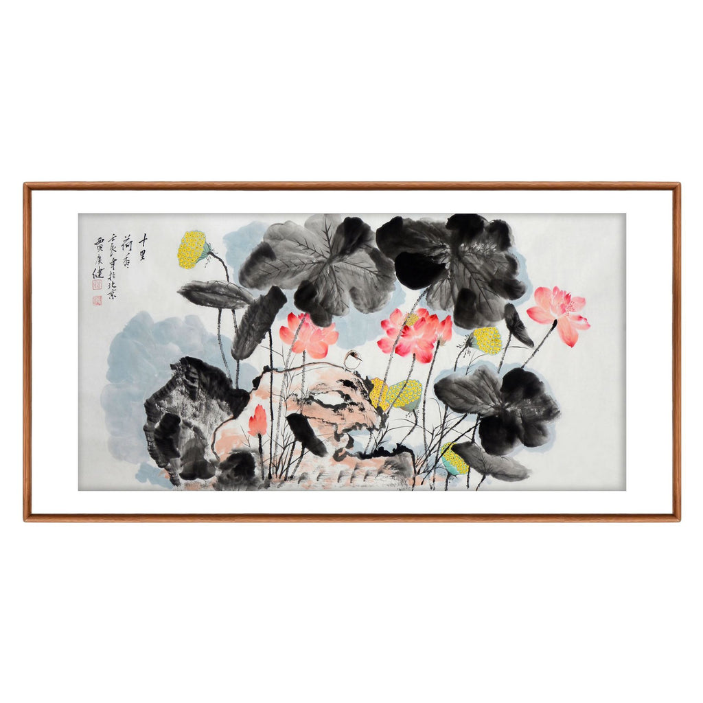 Framed display example of a Jia Guangjian inspired hand-painted Chinese lotus painting with pink blossoms and bold black ink leaves
