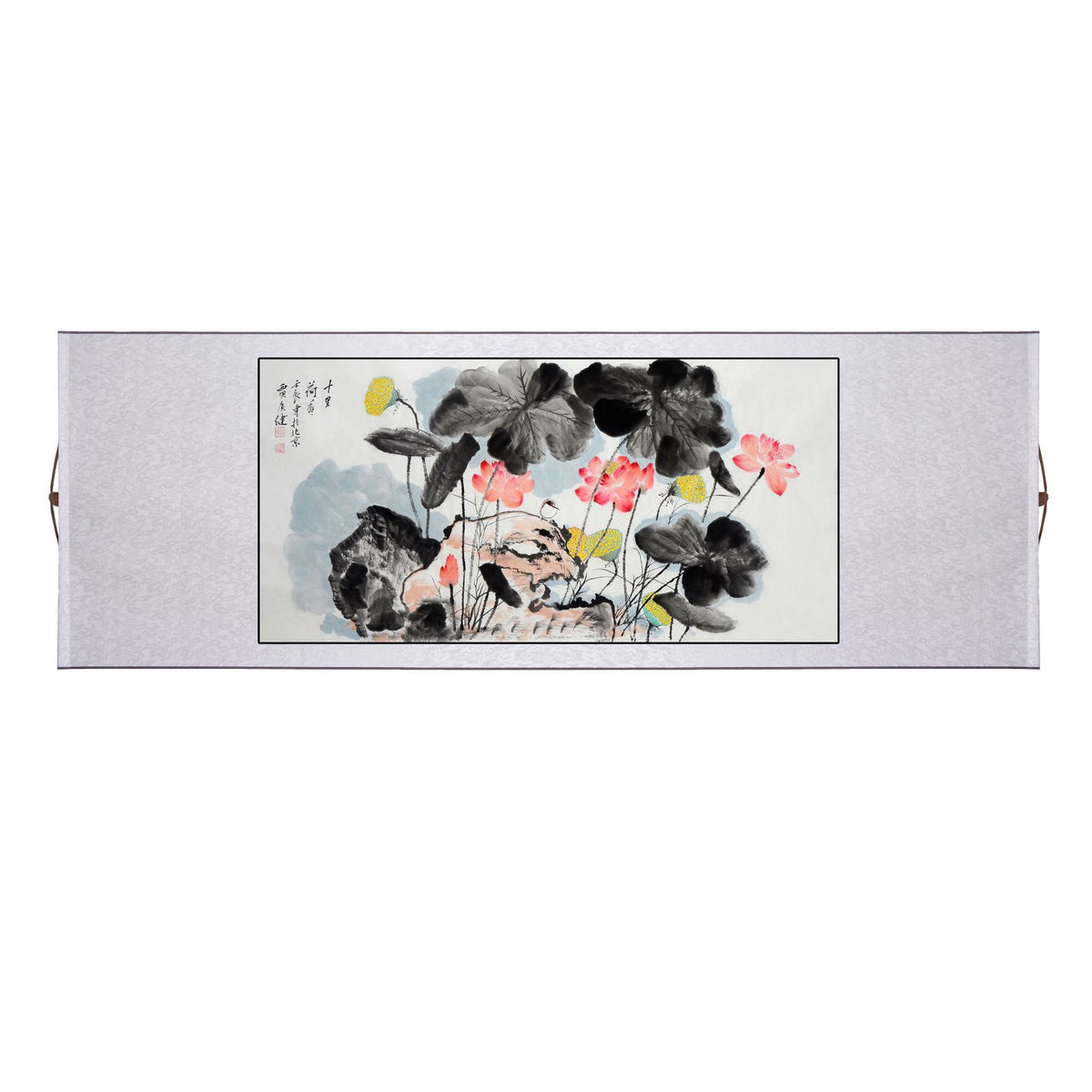Jia Guangjian inspired hand-painted Chinese lotus painting shown as a horizontal mounted scroll, pink lotus and expressive ink leaves
