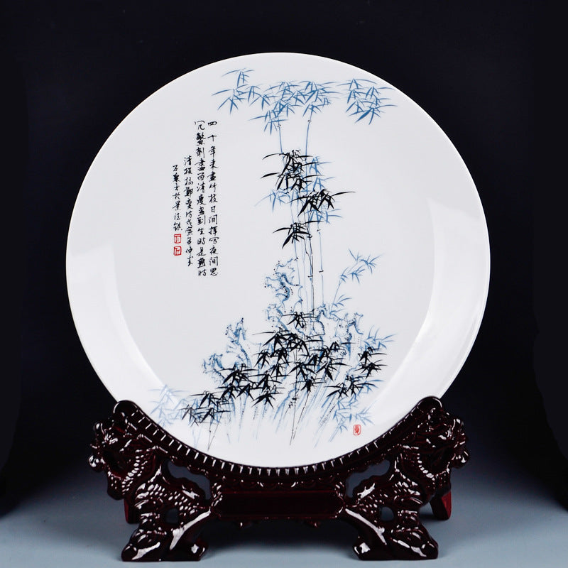 Jingdezhen porcelain decorative plate with bamboo painting and carved stand