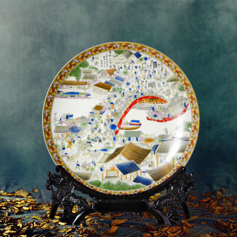 Chinese porcelain art plate with traditional painting and display stand